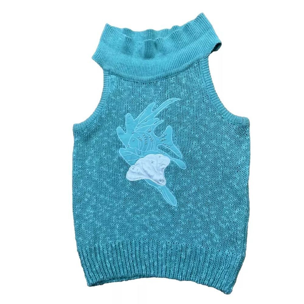 VTG Rafferty 90s Crochet Linen Ramie Sweater Knit Vest Womens S Blue Fish Beaded